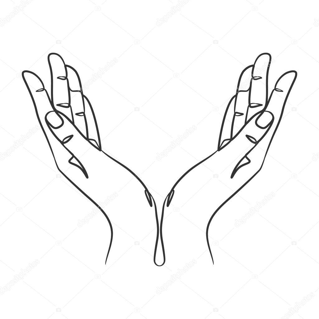 Continuous line drawing of praying hand. Outline drawing hands in praying position. Praying hands