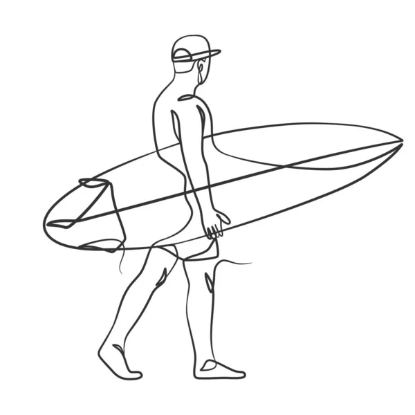 Dibujo Continuo Línea Surfista Con Una Tabla Surf Surfista Una — Archivo Imágenes Vectoriales
