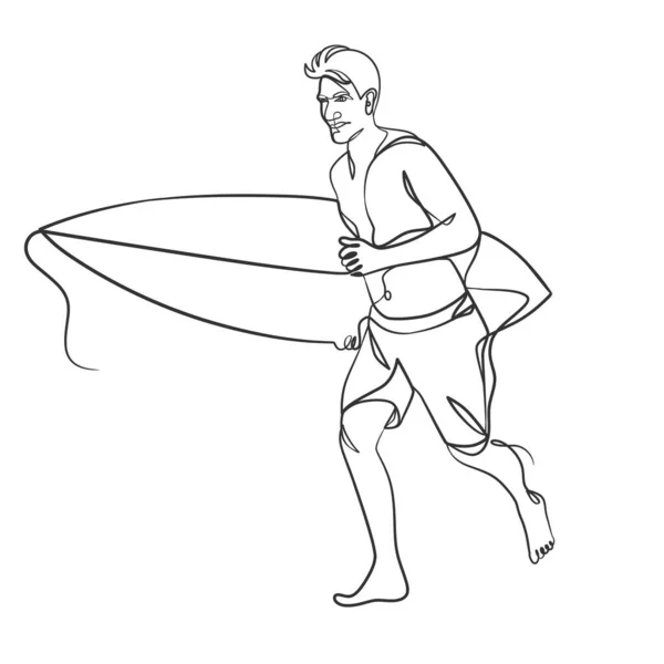 サーフボード付きサーファーの連続線画 サーフボード付きの一本の線画サーファー — ストックベクタ