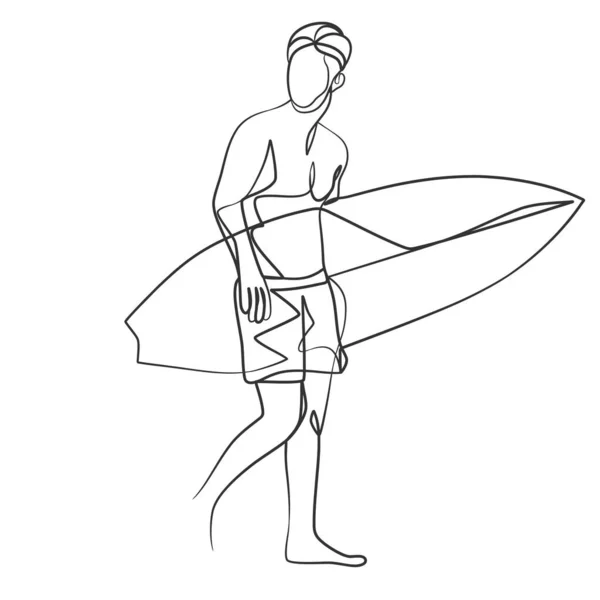 Dessin Ligne Continu Surfeur Avec Une Planche Surf Une Ligne — Image vectorielle