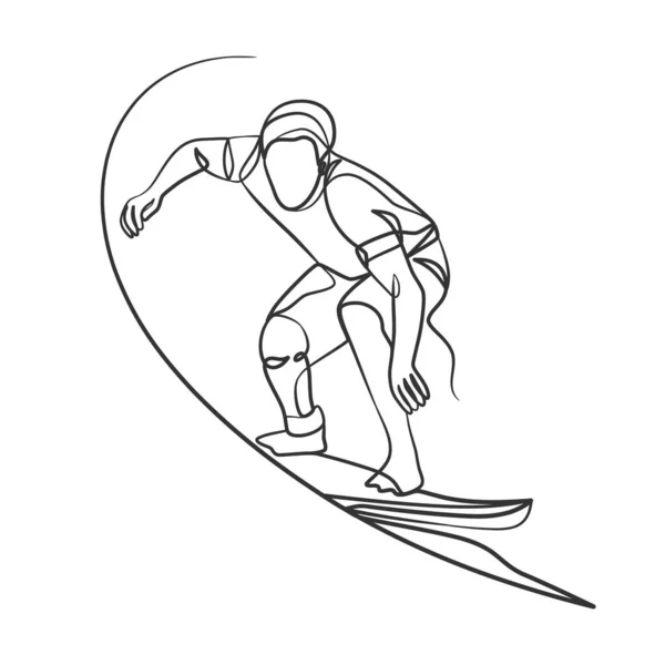 Dibujo Continuo Línea Surfista Con Una Tabla Surf Surfista Una — Archivo Imágenes Vectoriales