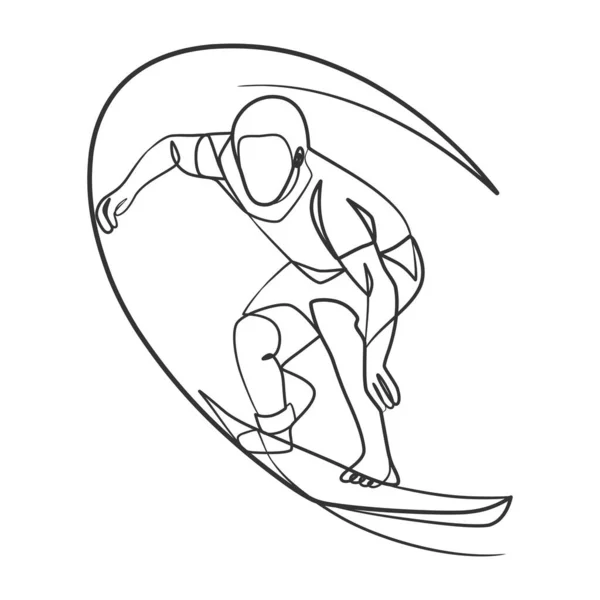 Dessin Ligne Continu Surfeur Avec Une Planche Surf Une Ligne — Image vectorielle