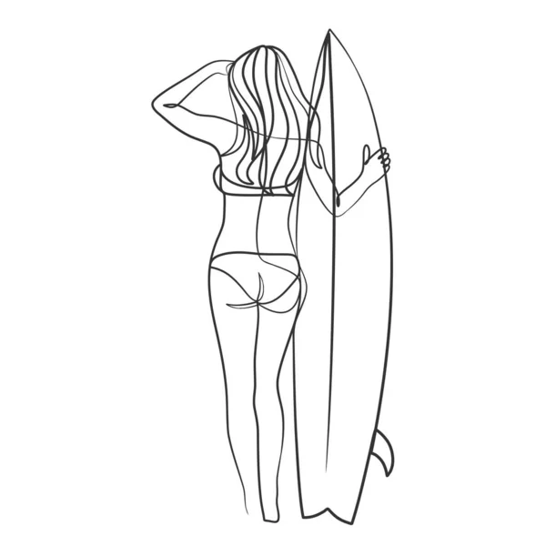 Dessin Continu Une Fille Surfeuse Avec Une Planche Surf Dessin — Image vectorielle