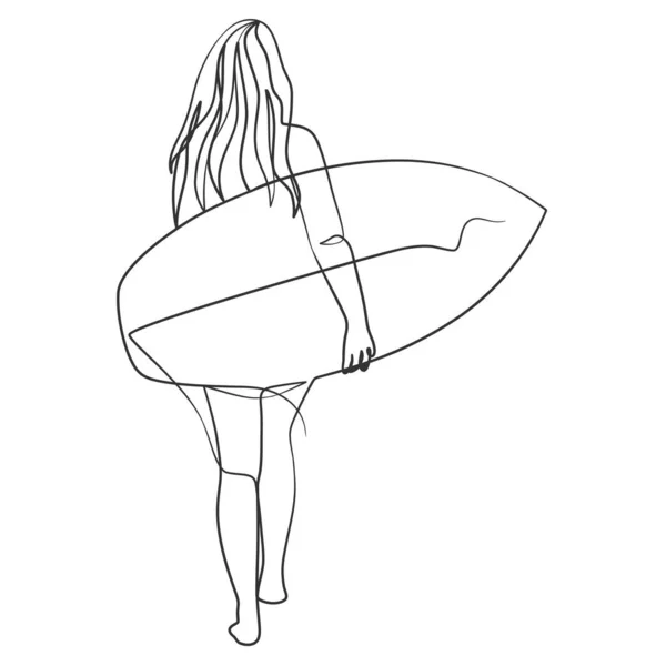 Dibujo Continuo Una Chica Surfista Con Una Tabla Surf Dibujo — Archivo Imágenes Vectoriales