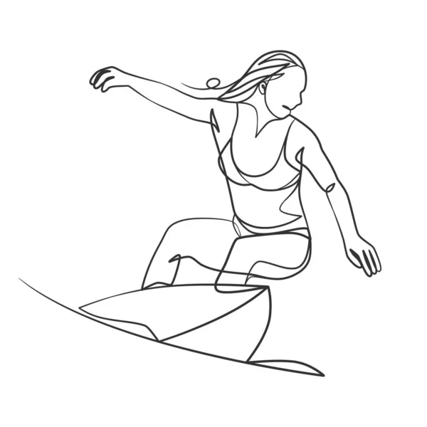 サーフボードを持つサーファーの女の子の連続線画 サーファーの女の子の一本の線画 — ストックベクタ