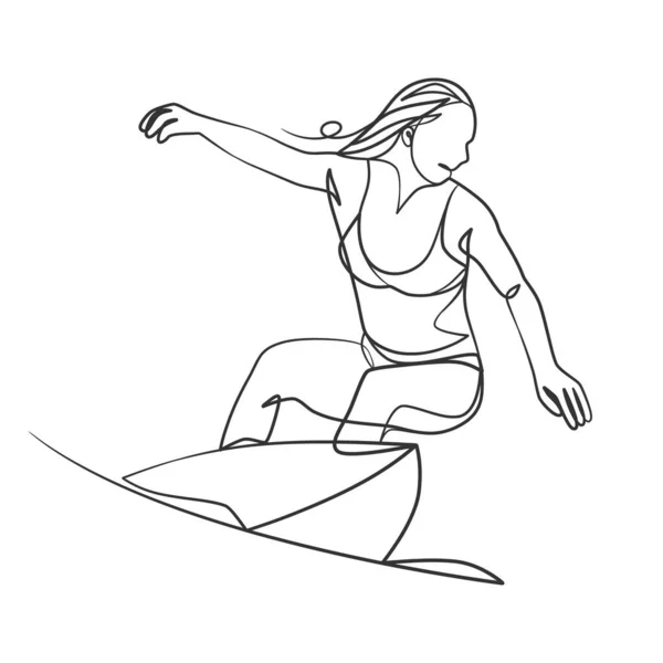 Disegno Linee Continue Una Ragazza Surfista Con Una Tavola Surf — Vettoriale Stock