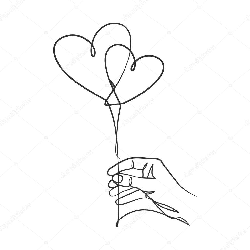 Continuous line drawing of hand holding heart balloon. Hand holding balloon one line simple drawing