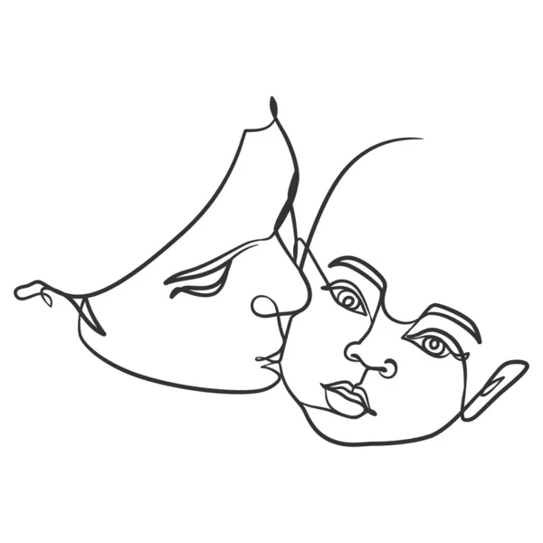 連続線画母親のキス赤ちゃん 母と子の一本の線画 — ストックベクタ