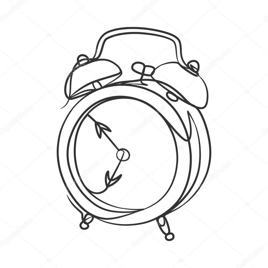 Continuous line drawing of alarm clock, Classic alarm clock one line drawing minimalist design