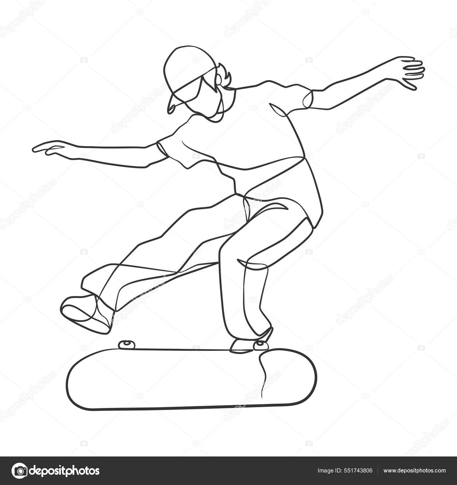 uma mão de jogador de desenho de linha contínua segura o skate através do  telefone celular.