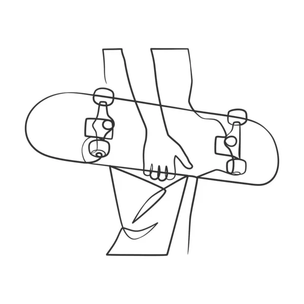 Dibujo Continuo Línea Del Hombre Que Sostiene Monopatín Skateboard Juego — Archivo Imágenes Vectoriales