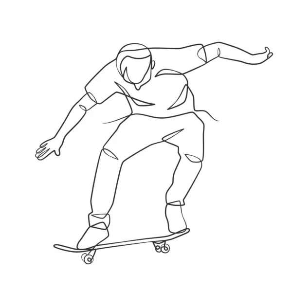 Dessin Linéaire Continu Homme Jouant Skateboard Skateboard Joueur Jeu Dessin — Image vectorielle