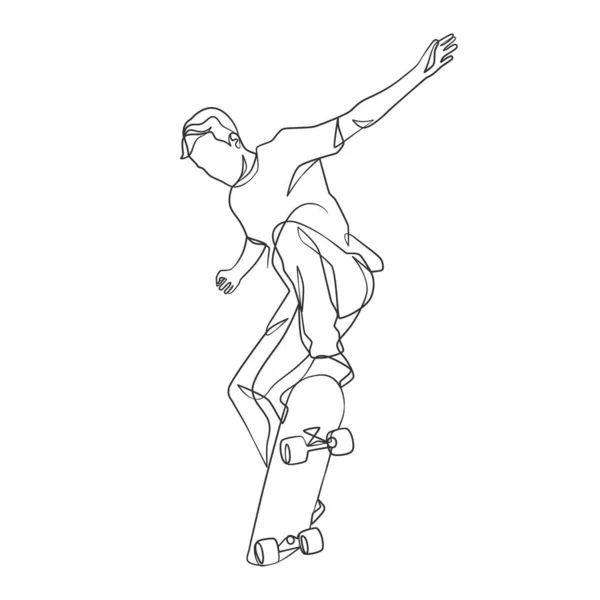 Dessin Linéaire Continu Homme Jouant Skateboard Skateboard Joueur Jeu Dessin — Image vectorielle