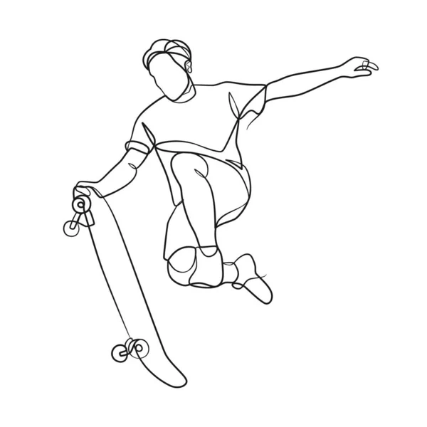 Dessin Linéaire Continu Homme Jouant Skateboard Skateboard Joueur Jeu Dessin — Image vectorielle