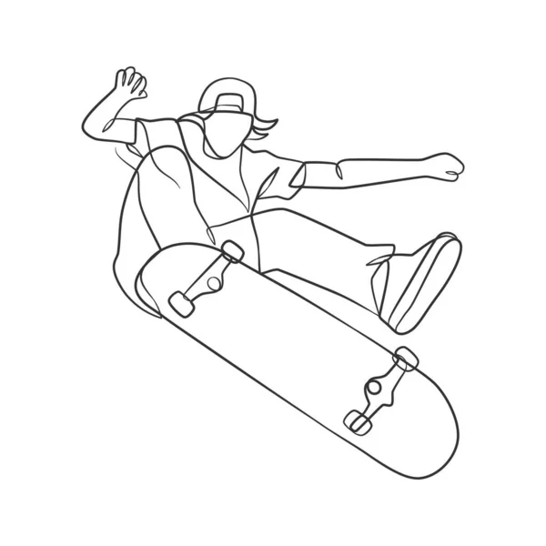 Dibujo Continuo Línea Del Hombre Jugando Skate Skateboard Juego Jugador — Archivo Imágenes Vectoriales