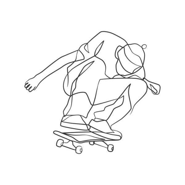 Dibujo Continuo Línea Del Hombre Jugando Skate Skateboard Juego Jugador — Archivo Imágenes Vectoriales