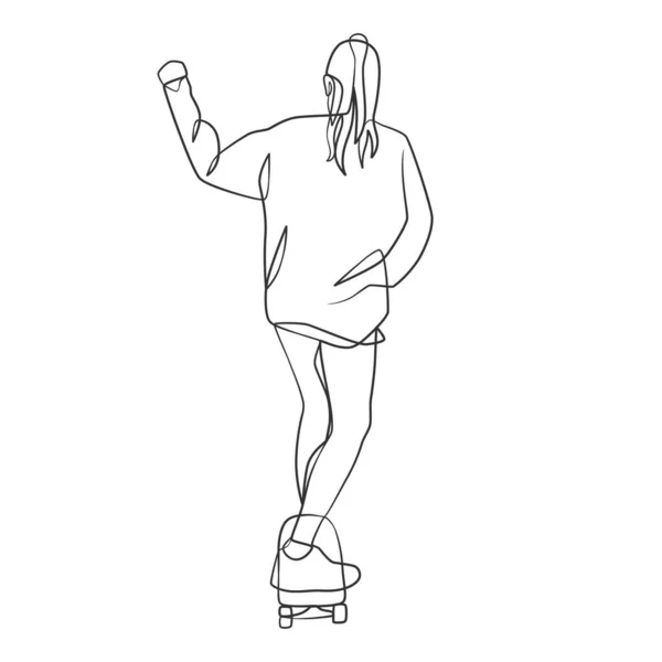 Continue Lijntekening Van Het Meisje Dat Skateboard Speelt Skateboard Spel — Stockvector