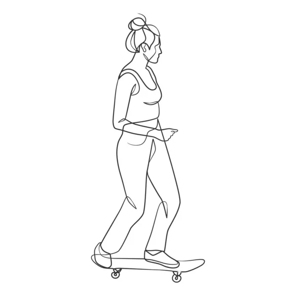 Disegno Continuo Linea Ragazza Che Gioca Skateboard Skateboard Gioco Giocatore — Vettoriale Stock