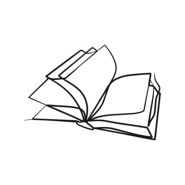 Sürekli bir satır resim, uçan sayfalarla açık bir kitap, tek satır minimalizm tasarımı.