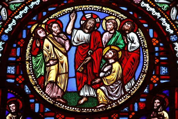 Glasmalerei Der Basilika Von Ainay Jesus Übergibt Schlüssel Zum Petersdom — Stockfoto