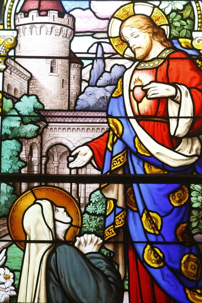 Βαμμένο Γυαλί Ιησούς Εμφανίζεται Στην Αγία Μαργαρίτα Μαρία Γαλλία — Φωτογραφία Αρχείου
