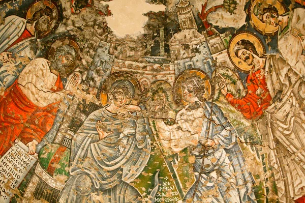 聖ヴァージンと聖ヨハネ カメのコプト修道院 フレスコ画 マリアは預言者モーセ エサヤ エゼキエル ダニエルに囲まれています エジプト — ストック写真