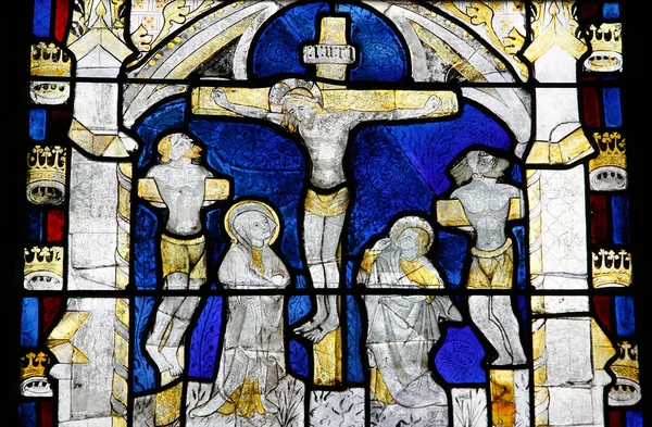 Målat Glasfönster Vid Notre Dame Des Marais Kyrka Crucifixio — Stockfoto