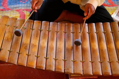 Kamboçya tapınağındaki Gamelan enstrümanları. Kamboçya. 