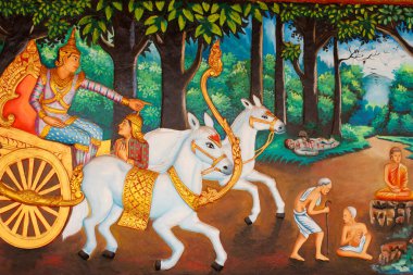 Preah Balo Rath Manastırı. Buda 'nın hayatı. Siddhartha Gautama ve yaşlılığın, hastalığın, ölümün ve inzivanın dört görüntüsü. Kamboçya. 