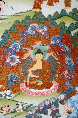 Buda Sakya Muni baştan çıkarıcı şeylerle çevrili. Thangka. Nepal. 