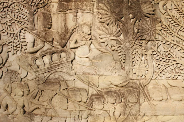 Elefanten Und Krieger Reliefskulptur Der Äußeren Ostgalerie Bayon Kambodscha — Stockfoto
