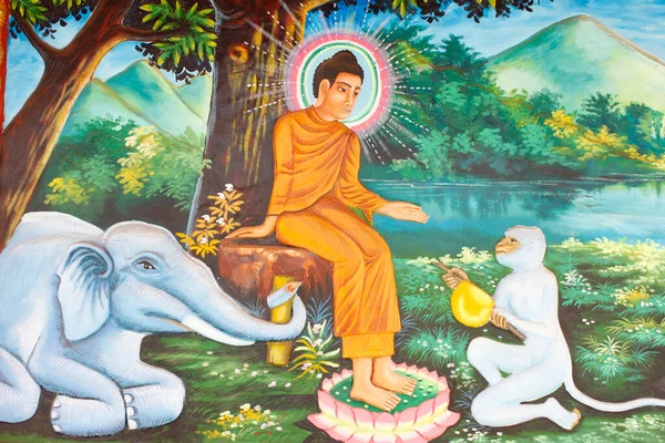 Preah Prom Rath Monastery 仏の人生 献身的な象と猿とSiddhartha Gautama カンボジア — ストック写真