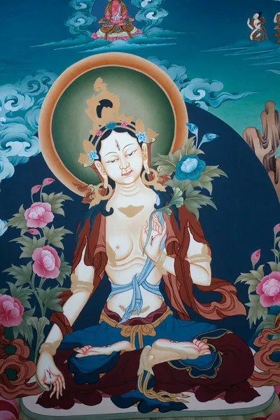 Thangka Retratando Deusa Tara Branca Símbolo Budista Longa Vida Nepal — Fotografia de Stock