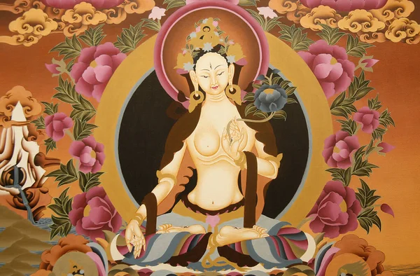 Thangka Zobrazující Bohyni Bílé Tary Buddhistický Symbol Dlouhého Života Nepálu — Stock fotografie
