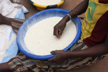 Marketteki Afrikalı kadın. Satılık pirinç. Mali.