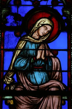 Kutsal Şapel. Lekeli cam pencere. Bakire Meryem. Fransa. 
