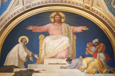 Paris 'teki Saint Francois-Xavier kilisesi. Aziz Francis Xavier 'in ifadesi, İsa Mesih' i katolikliğe çevirdiği insanlarla tanıştırıyor. Fransa. 