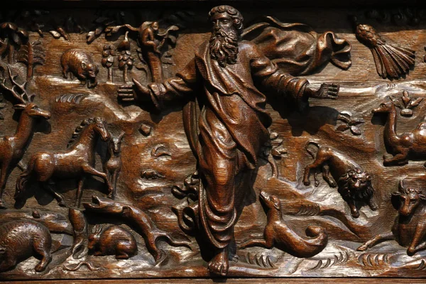 Stworzenie Świata Rzeźba Drewna Xvii Wiek Kościół Świętej Elżbiety Hongrie — Zdjęcie stockowe