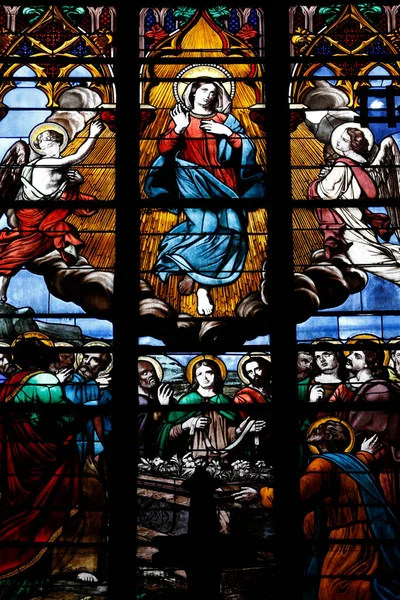 Stained Glass Window Assumption Blessed Virgin Mary Heaven France — стоковое фото