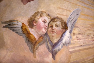 Karlskirche (St. Charles Kilisesi). Johann Michael Rottmayr 'dan kubbe freski. Meleğim. Avusturya. 