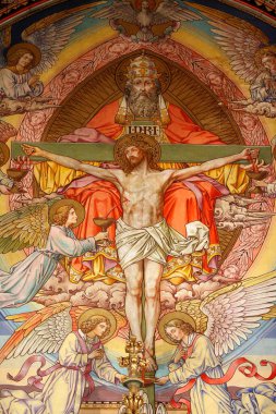 Kutsal Kan Bazilikası. Çarmıhın Gizemi İsa 'nın kanını akıttığını gösteriyor. Belçika. 