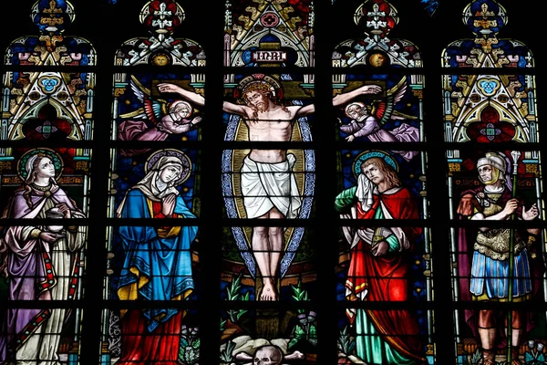 Saint Salvators Cathedral Stained Glass Window Jesus Cross Belgium — Fotografia de Stock