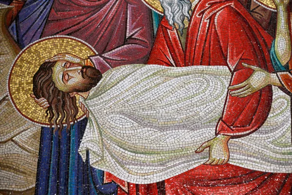 Detail Van Mozaïekkunst Die Begrafenis Van Jezus Christus Voorstelt Heilige — Stockfoto