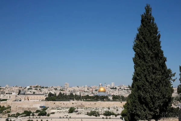 15万個 オリーブ山のユダヤ人墓地 神殿の丘の上の岩のドームが背景にある イスラエル — ストック写真
