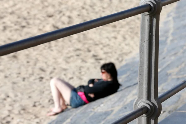 Woman Alone Beach West Flanders Belgium — стоковое фото