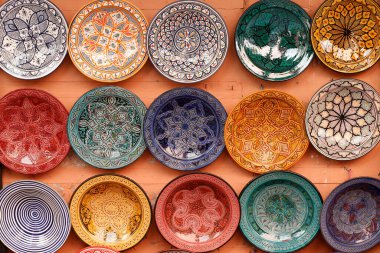 Colorful Ceramics on sale at a souk in Marrakech.
