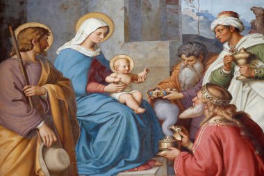 Speyer İmparatorluk Katedrali. Schraudolph 'un tabloları. Magi 'ye Tapma. Almanya. 