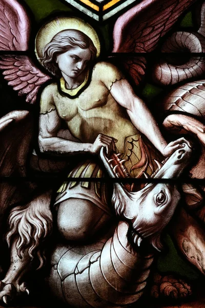 Basílica Nuestra Señora Ginebra Vidriera Ángel Luchando Contra Satanás Como —  Fotos de Stock