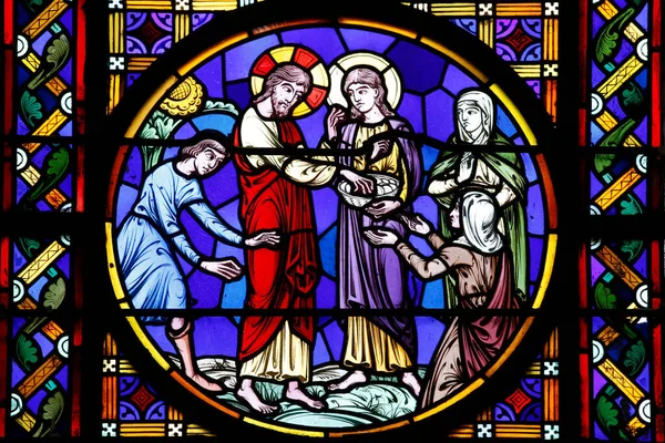 Bazylika Świętego Serca Paray Monial Witraże Jezus Czyni Cud Francja — Zdjęcie stockowe