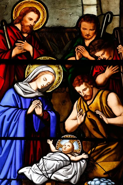 Sanktuarium Matki Bożej Salette Witraże Szopka Adoracja Pasterzy Francja — Zdjęcie stockowe